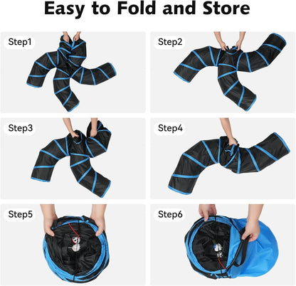 Cat Tunnels for Indoor Cats, Pet Tube Toy with Bell Ball and Toy Mouse, S-Shape Collapsible Tunnel with Interactive Hole for Kitty, Kitten, Rabbit, Puppy (Blue&Black)