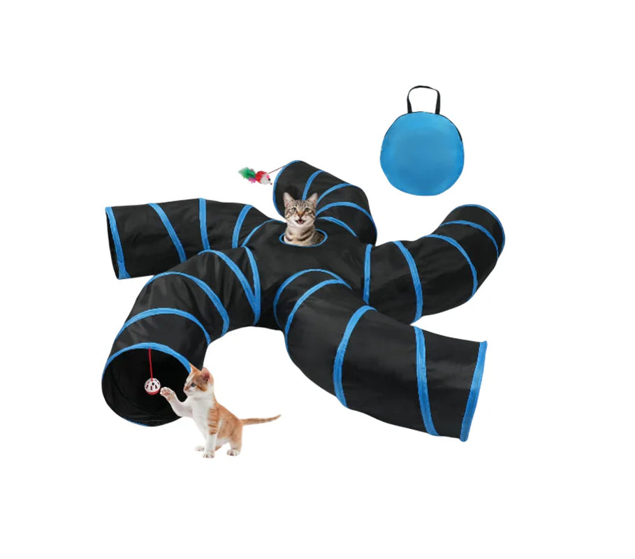 Cat Tunnels for Indoor Cats, Pet Tube Toy with Bell Ball and Toy Mouse, S-Shape Collapsible Tunnel with Interactive Hole for Kitty, Kitten, Rabbit, Puppy (Blue&Black)