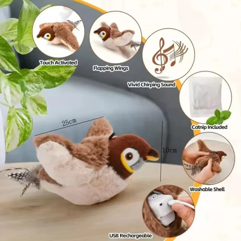 Upgraded Interactive Chirping Bird Cat Toys with Flapping Wings,No Flying Birds Cats Toy, Flying Simulation Electric Sparrow Shaking Hunting Pet Toy for Indoor-Larger